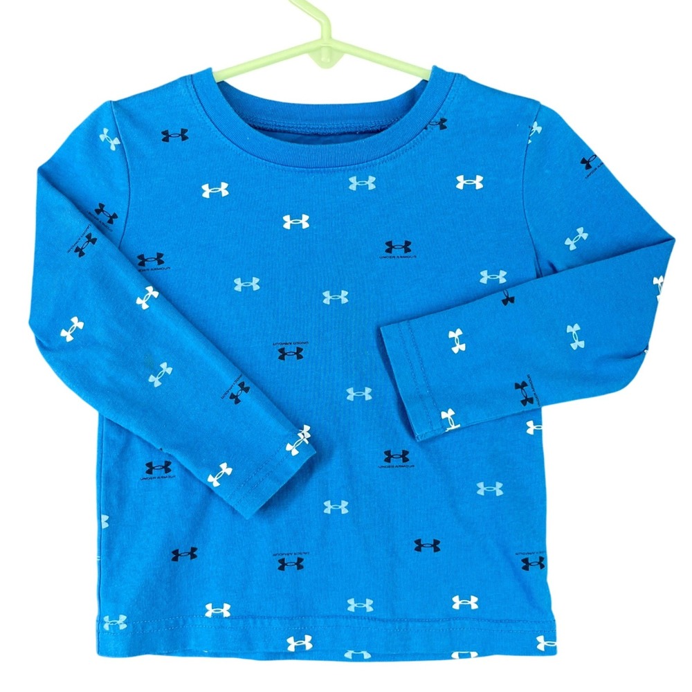 Under Armour Shirt Boys 24M Blue All Over‎ Logo Long Sleeve Tee Activewear